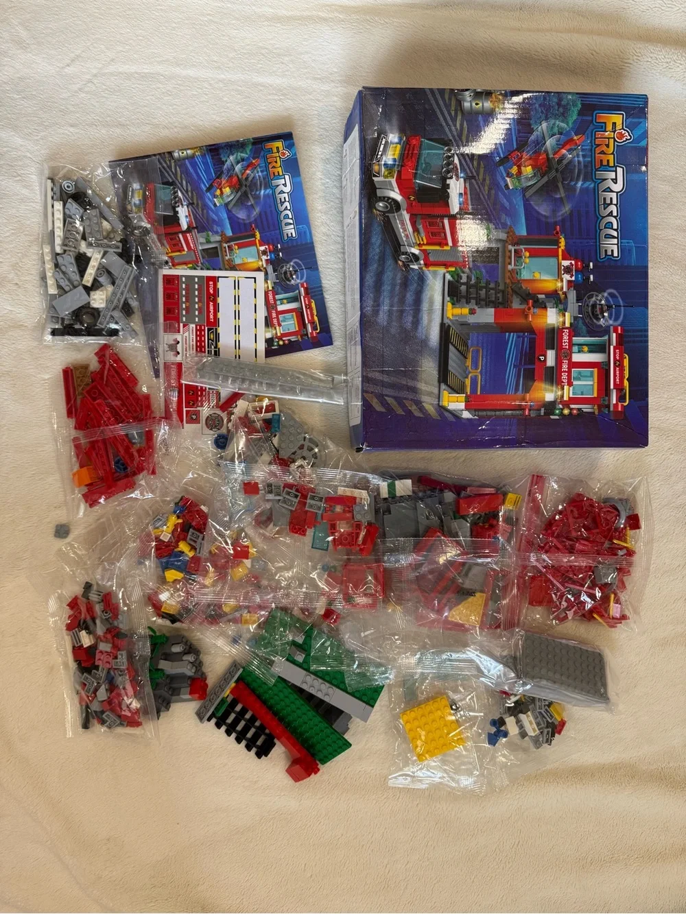 Fire Rescue Building Set with Fire Station, Truck, and Helicopter